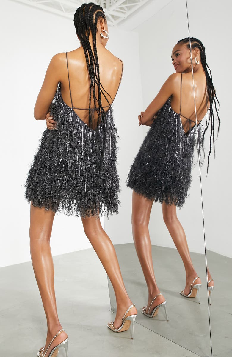ASOS DESIGN Sequin & Faux Feather Minidress, Alternate, color, 