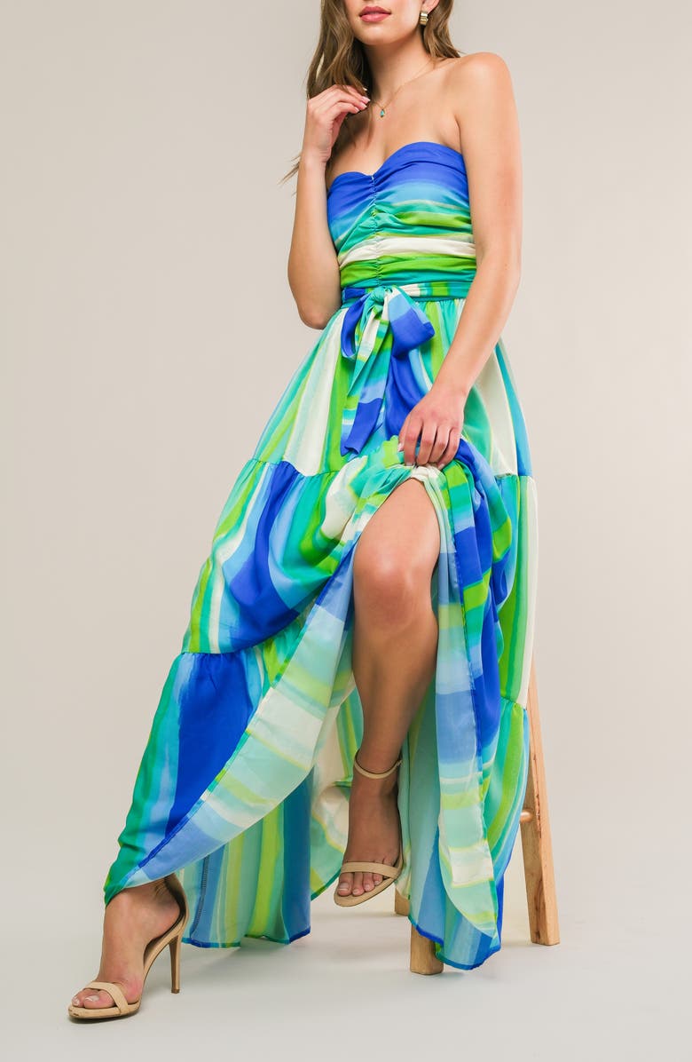 FLYING TOMATO Print Strapless Midi Dress, Alternate, color, Green Blue