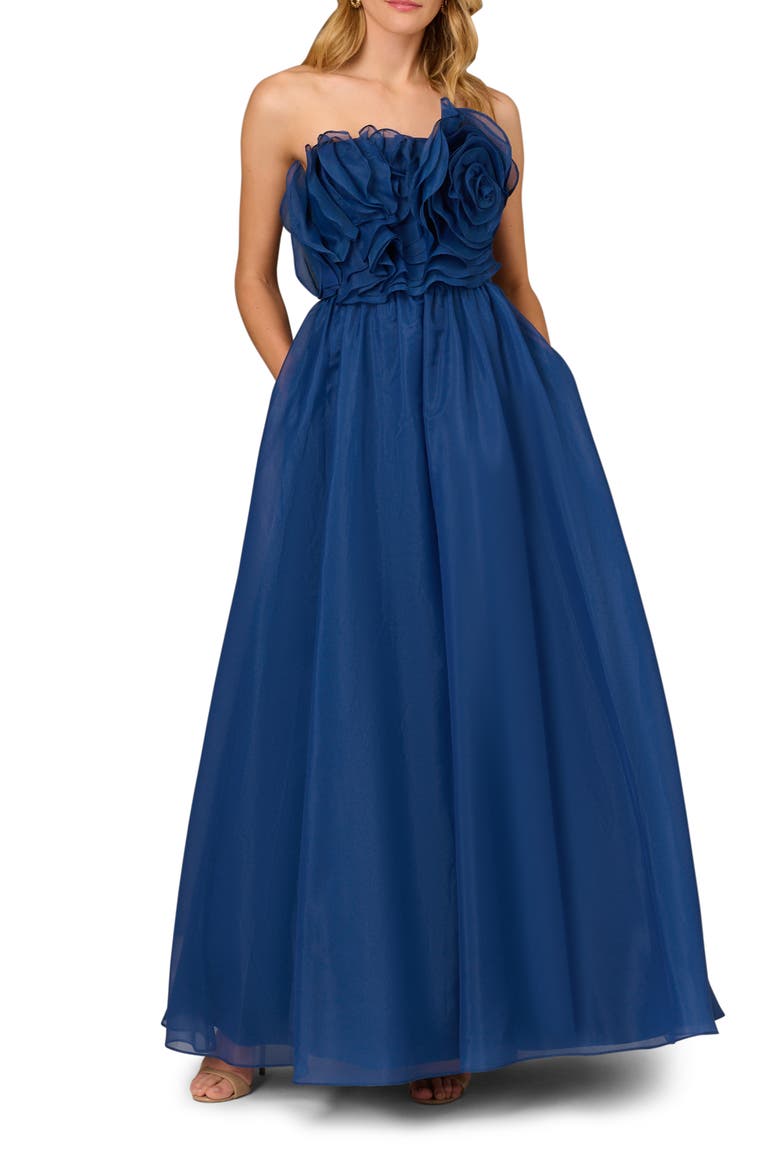 Floral Ruffle Organza Ballgown, Main, color, NAVY