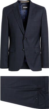 BOSS Huge Slim Fit Windowpane Check Navy Wool Suit