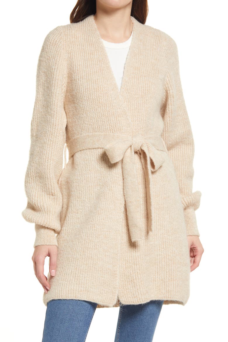 Belted Blouson Sleeve Cardigan, Main, color, STONE