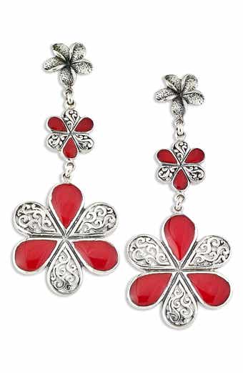 Engraved Coral Flower Drop Earrings