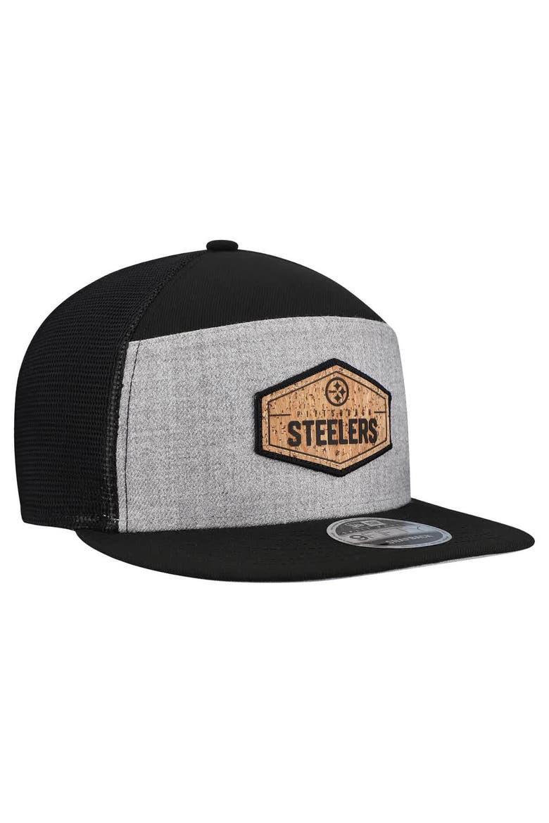 Men's New Era  Gray/Black Pittsburgh Steelers Cork Split Panel 9FIFTY Trucker Snapback Hat, Alternate, color, Gray