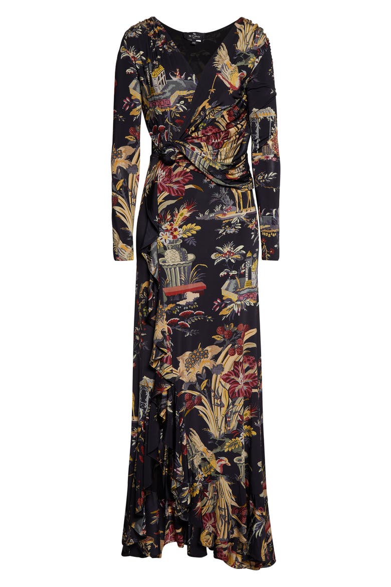 Placed Print Long Sleeve Jersey Maxi Wrap Dress, Alternate, color, BLACK