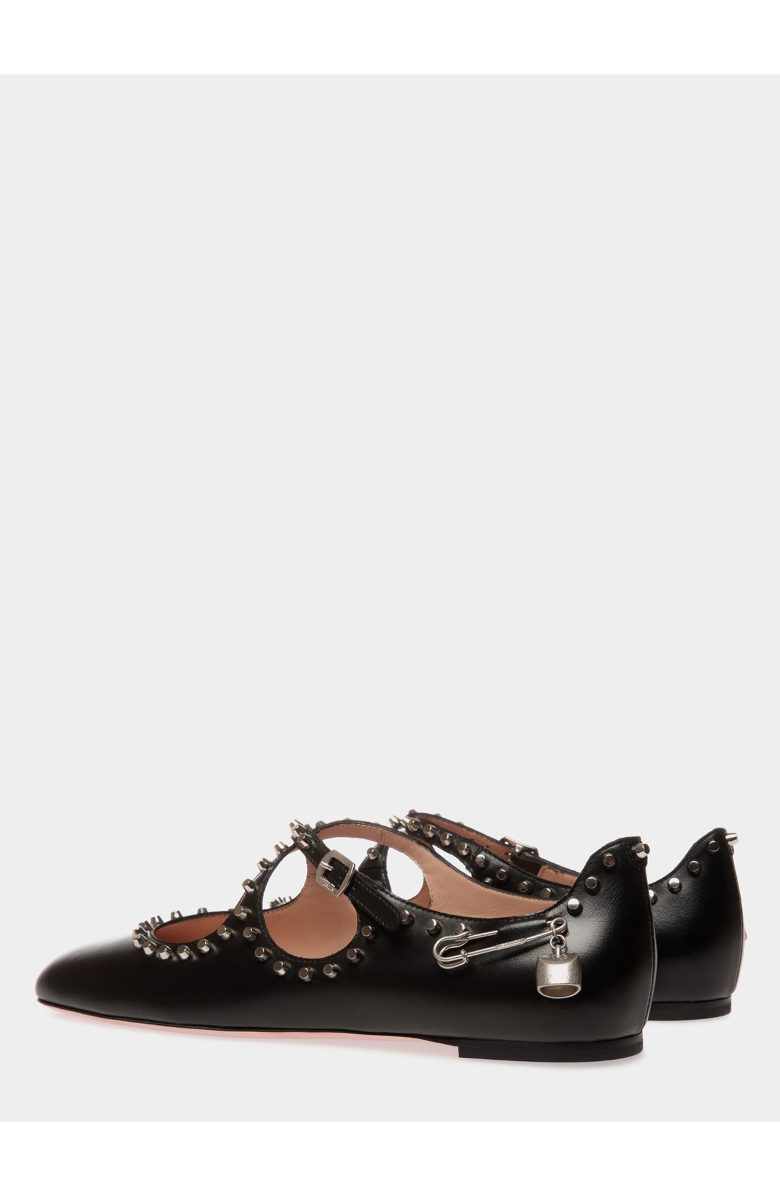 Bally rina Flat in Leather with Studs, Alternate, color, Black