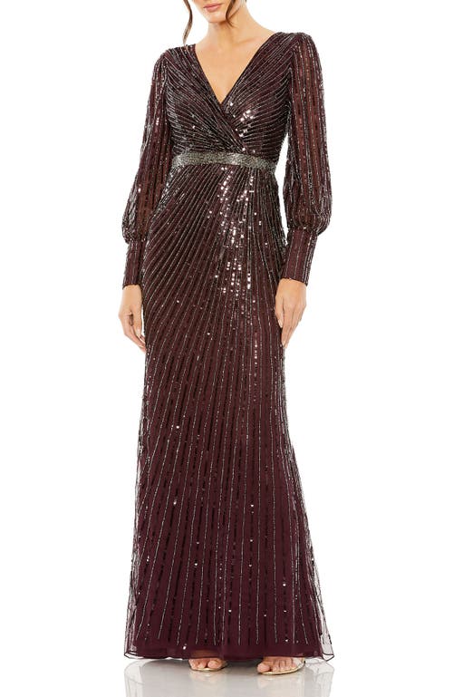 Mac Duggal Sequined Wrap Over Bishop Sleeve Gown In Blackberry