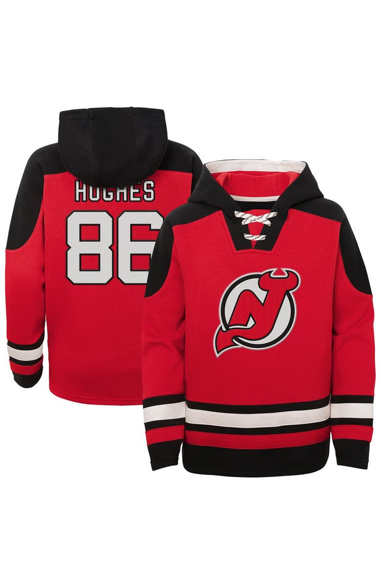 Outerstuff Youth Jack Hughes Red New Jersey Devils Ageless Must-Have V-Neck Name & Number Pullover Hoodie, Main, color, Red