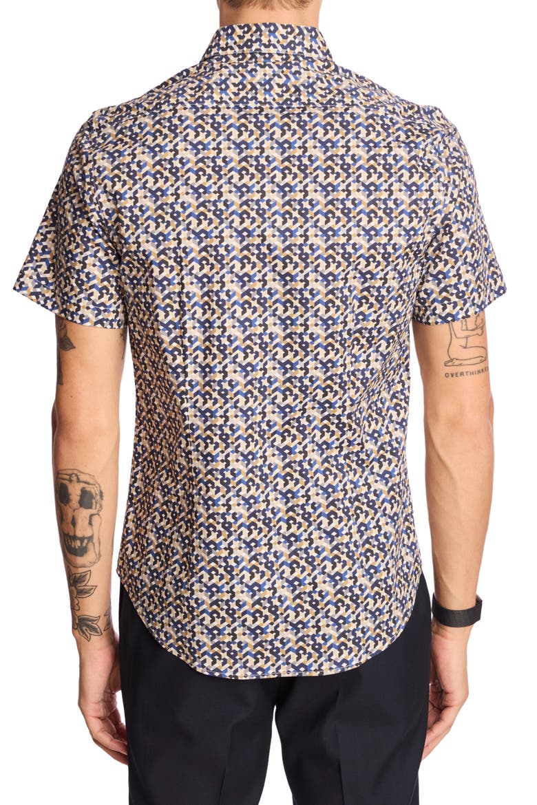 Sawyer Trim Fit Geometric Short Sleeve Button-Up Shirt, Alternate, color, NAVY TAN GEO