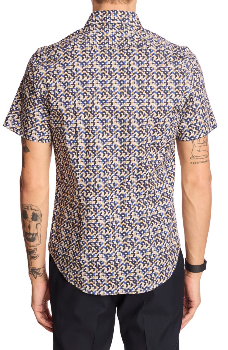 PAISLEY & GRAY Sawyer Trim Fit Geometric Short Sleeve Button-Up Shirt, Alternate, color, Navy Tan Geo