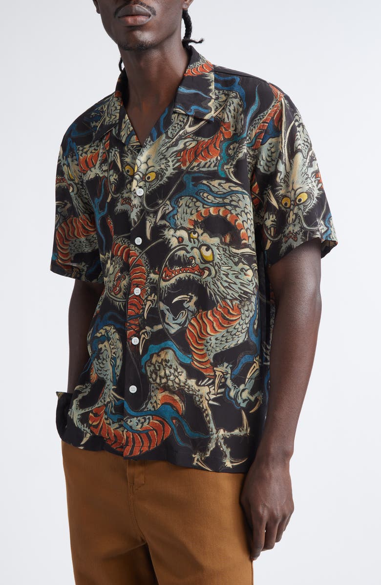 ENDLESS JOY Tiga Naga Silk Crepe Camp Shirt, Alternate, color, Black Multi