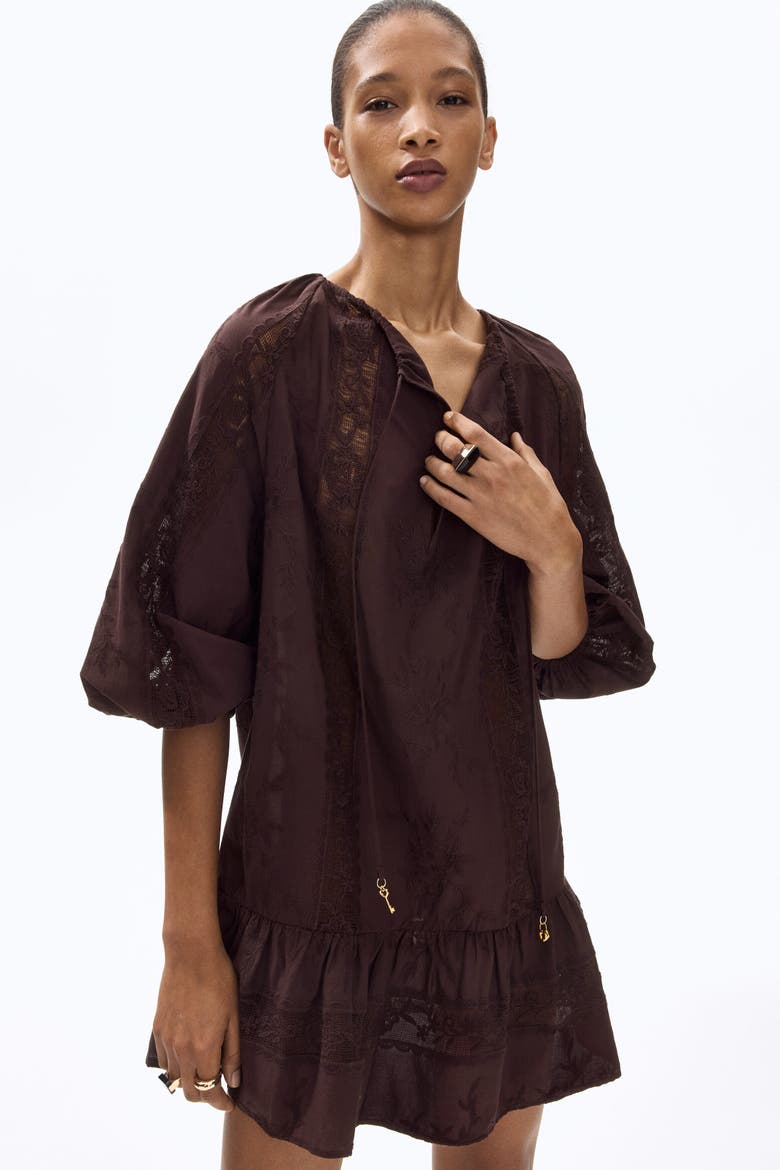 Lace-inset Tunic Dress, Main, color, Dark brown