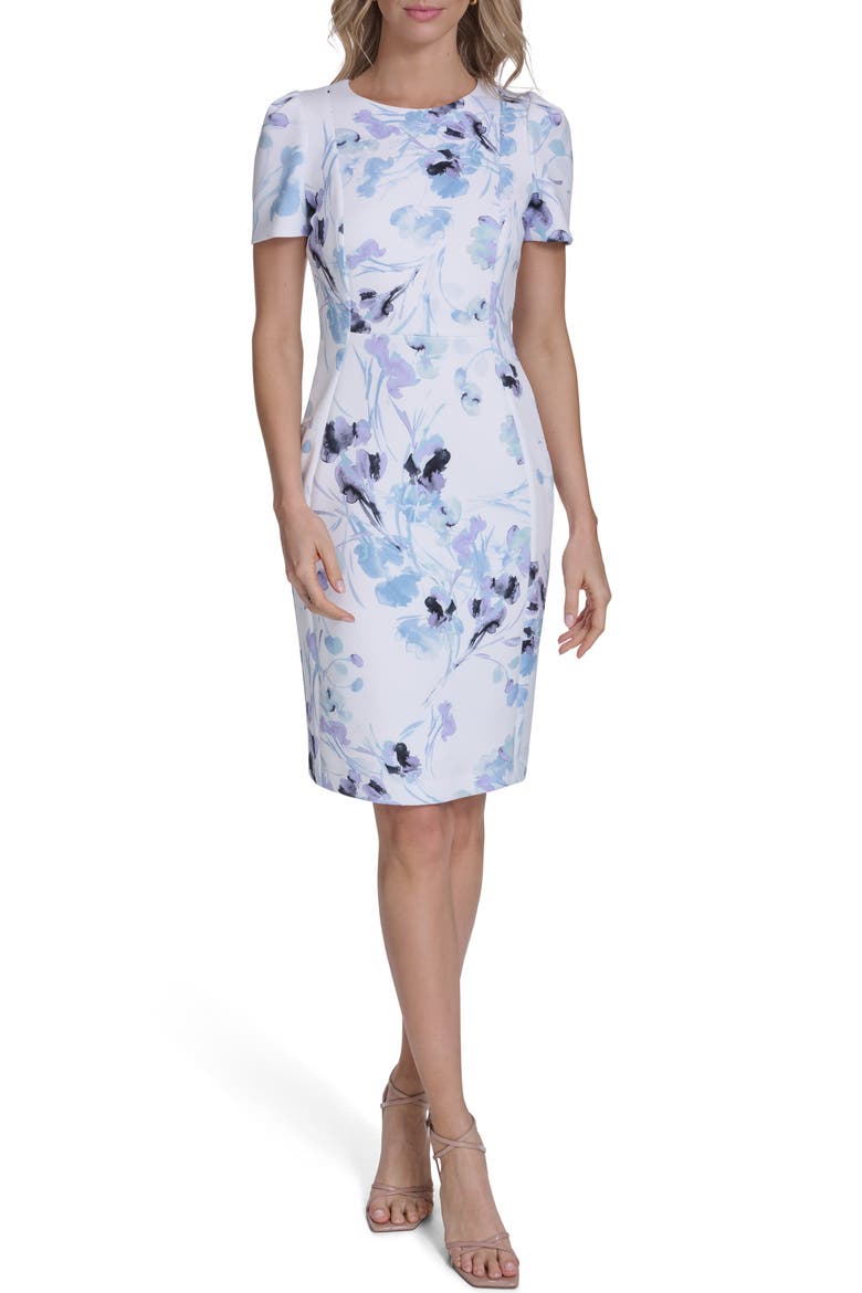 Short Sleeve Sheath Dress, Main, color, IVORY / LILAC