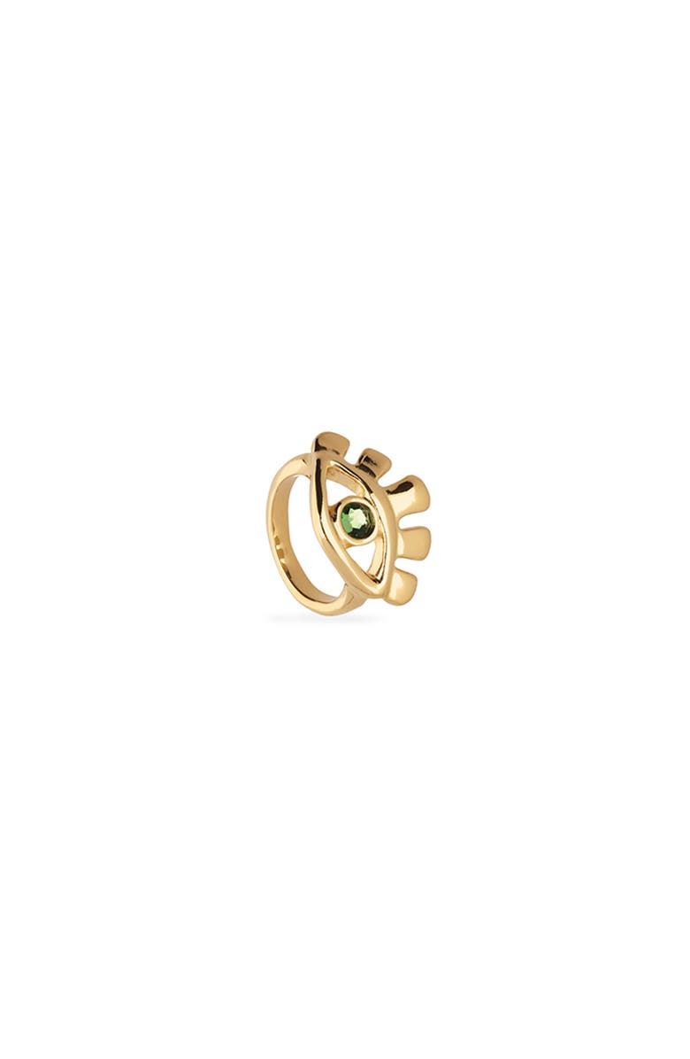 UNODE50 18K Gold-Plated Eye-Shaped Ring With Green Faceted Crystal, Alternate, color, Metallic Gold
