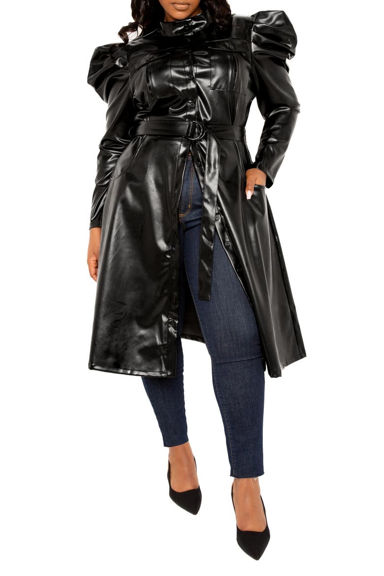 Puff Shoulder Long Sleeve Belted Faux Leather Shirtdress, Alternate, color, BLACK