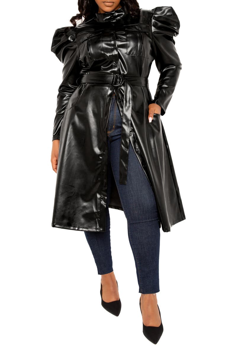BUXOM COUTURE Puff Shoulder Long Sleeve Belted Faux Leather Shirtdress, Alternate, color, Black