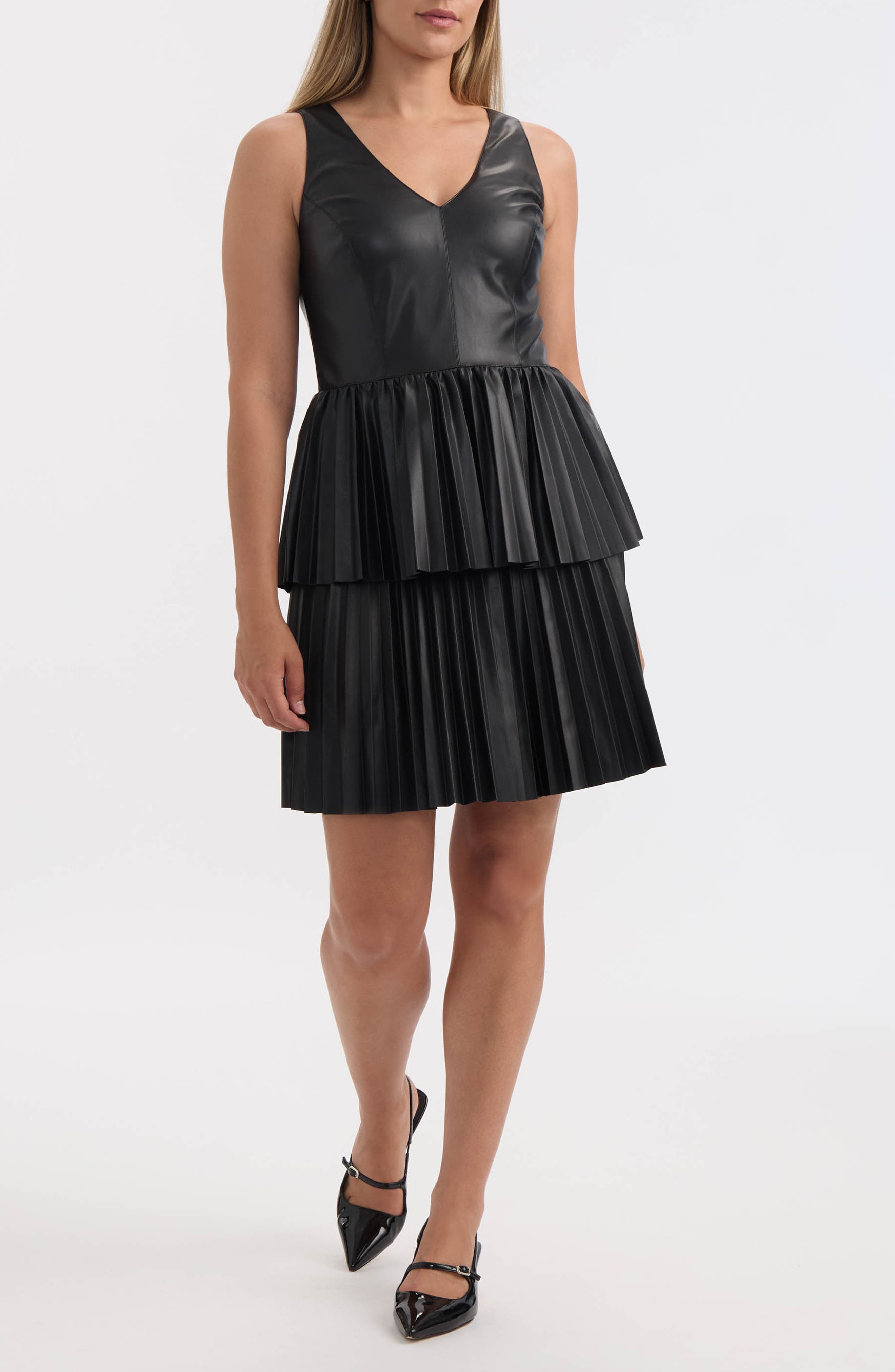 Ellen Tracy Pleated Tiered Faux Leather Dress