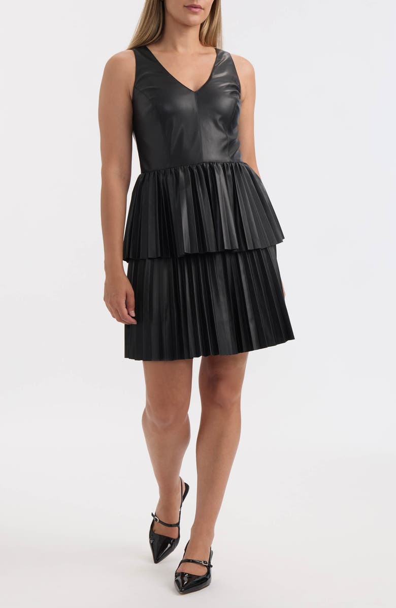 Ellen Tracy Pleated Tiered Faux Leather Dress, Main, color, Black
