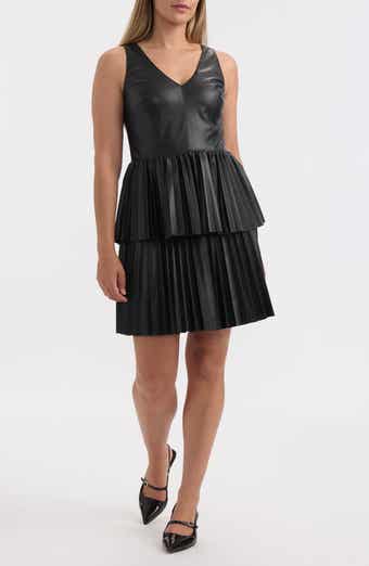Ellen Tracy Pleated Tiered Faux Leather Dress