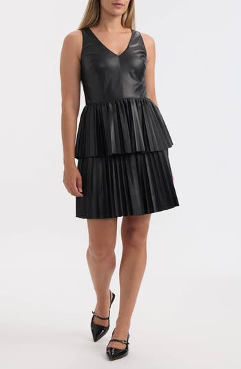Ellen Tracy Pleated Tiered Faux Leather Dress in Black at Nordstrom Rack, Size Large