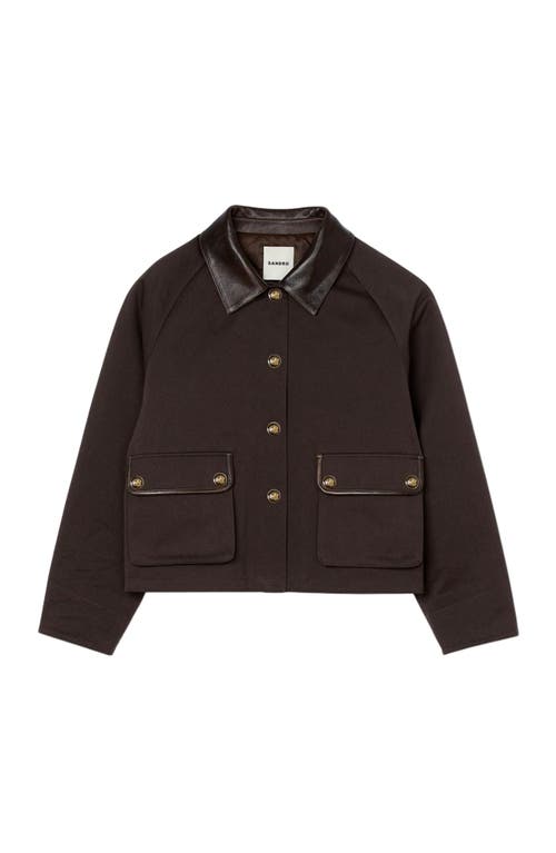 Sandro Womens Brown Gabardine Contrast-collar Cotton Coat In Multi