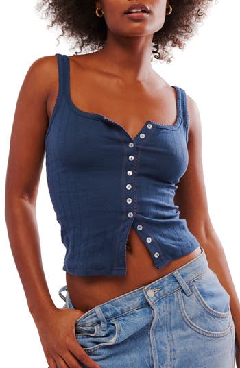 Free People End Game Pointelle Button-up Tank In Purple