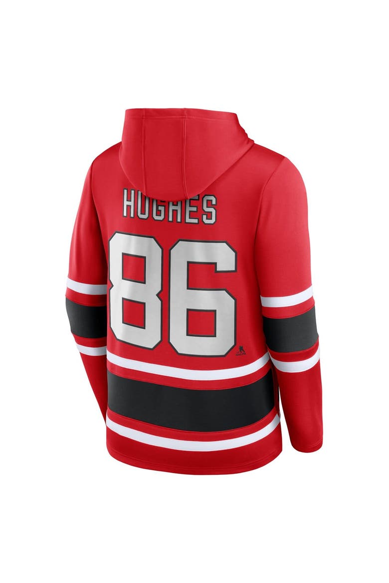 Men's Fanatics Branded Jack Hughes Red New Jersey Devils Name & Number Lace-Up Pullover Hoodie, Alternate, color, Red