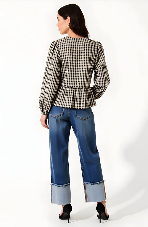 Modenaire Gingham Peplum Blouse With Front Tie And Ruffle Hem In Multi