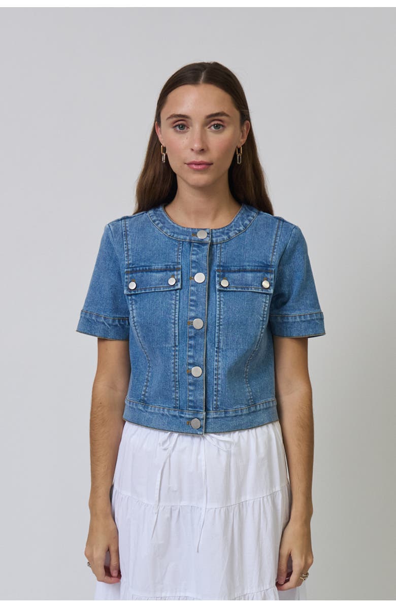 Central Park West Serena Short Sleeve Denim Jacket, Main, color, Medium Wash