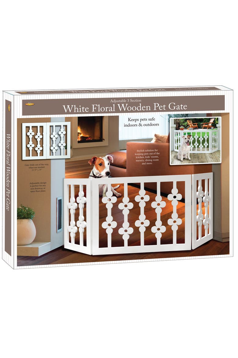 Wooden Pet Gate White Floral, 3Section Dog Gate, Assembled, Main, color, Multicolored