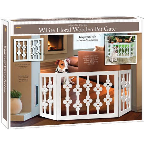 Wooden Pet Gate White Floral, 3Section Dog Gate, Assembled