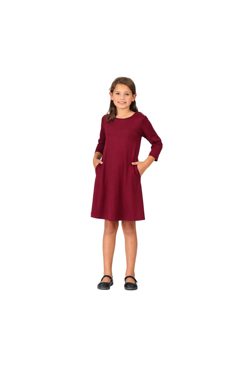 Long Sleeve Loose Fit Knee Length Tunic Pocket Dress, Main, color, Wine