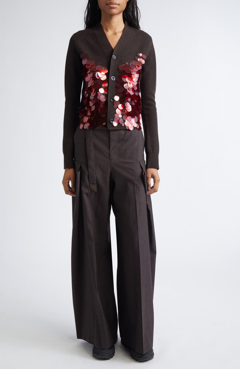 Sacai Sequin Embroidered Wool Cardigan, Alternate, color, Brown/ Red