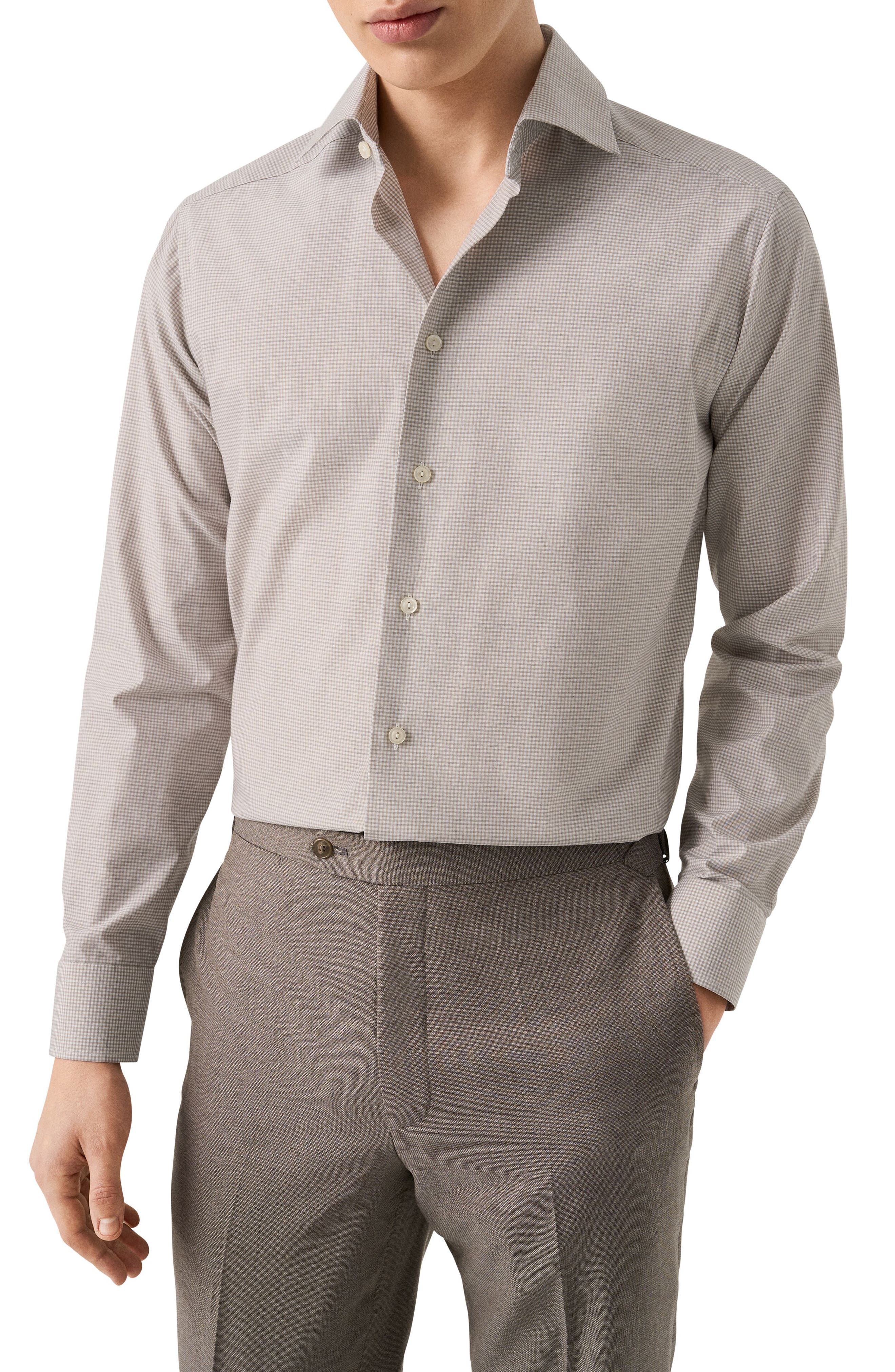 Eton Trim Fit Tan Mélange Microcheck Cotton Dress Shirt