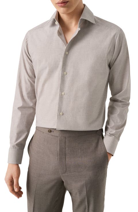 Trim Fit Tan Mélange Microcheck Cotton Dress Shirt (Regular & Big)