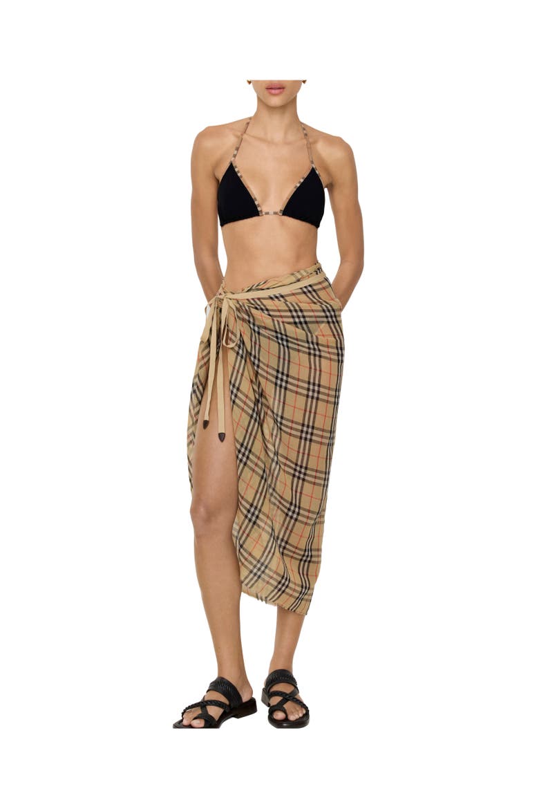 Check Cotton Sarong, Alternate, color, Sand beige
