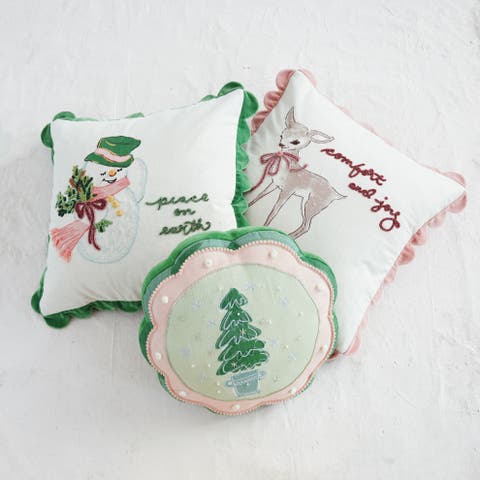 Tree Motif Cotton & Linen Pillow with Pom Pom Trim