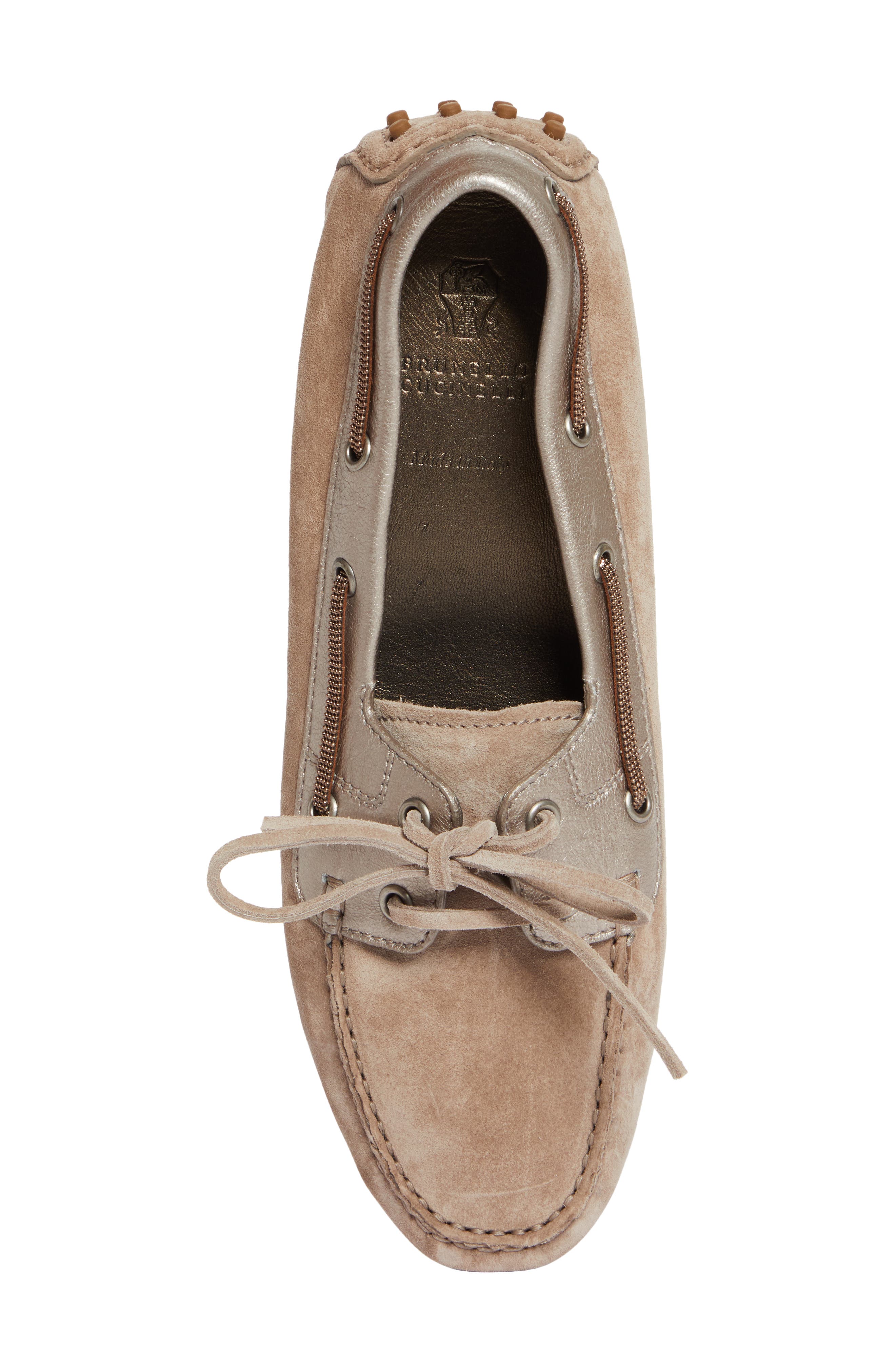 Brunello Cucinelli Monili Trim Metallic Leather & Suede Driving Shoe, Alternate, color, 