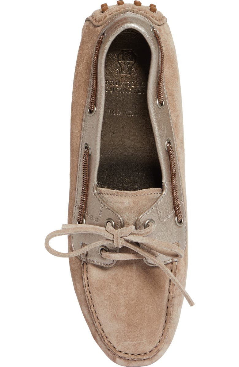 Brunello Cucinelli Monili Trim Metallic Leather & Suede Driving Shoe, Alternate, color,