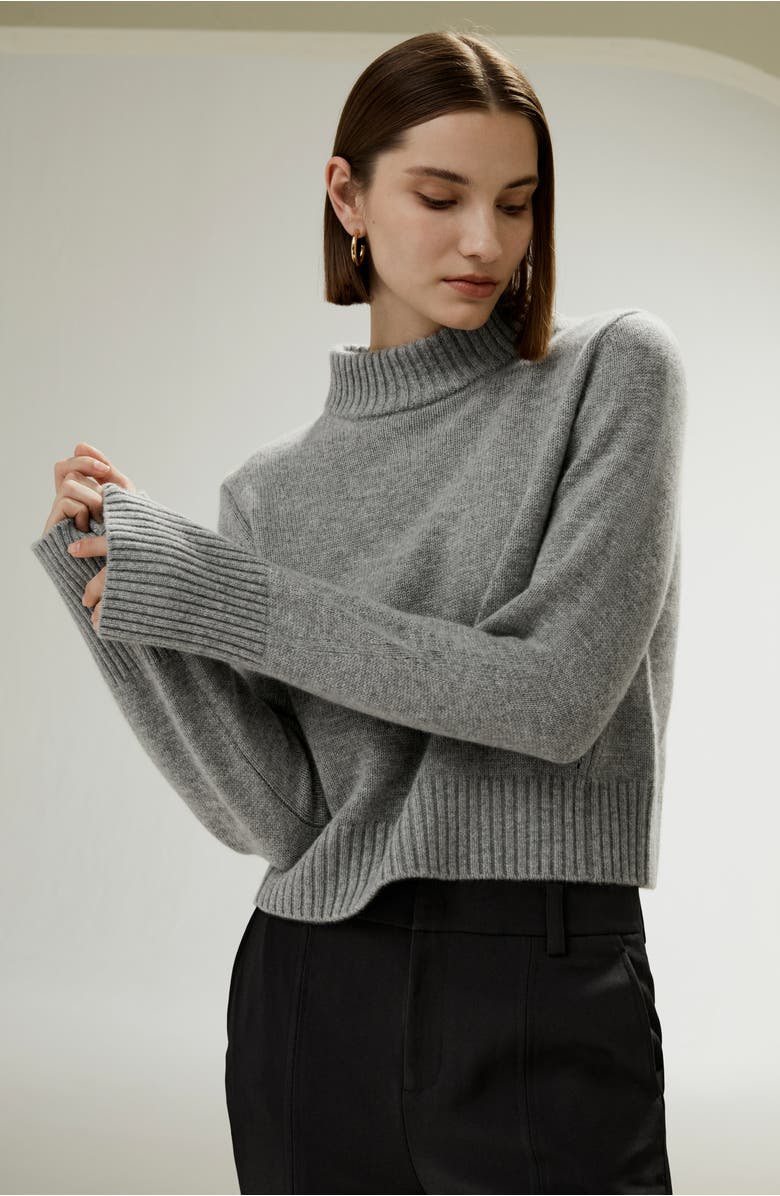 Lilysilk Ribbed Collar and Hemline Wool Cashmere Sweater, Alternate, color, Grey