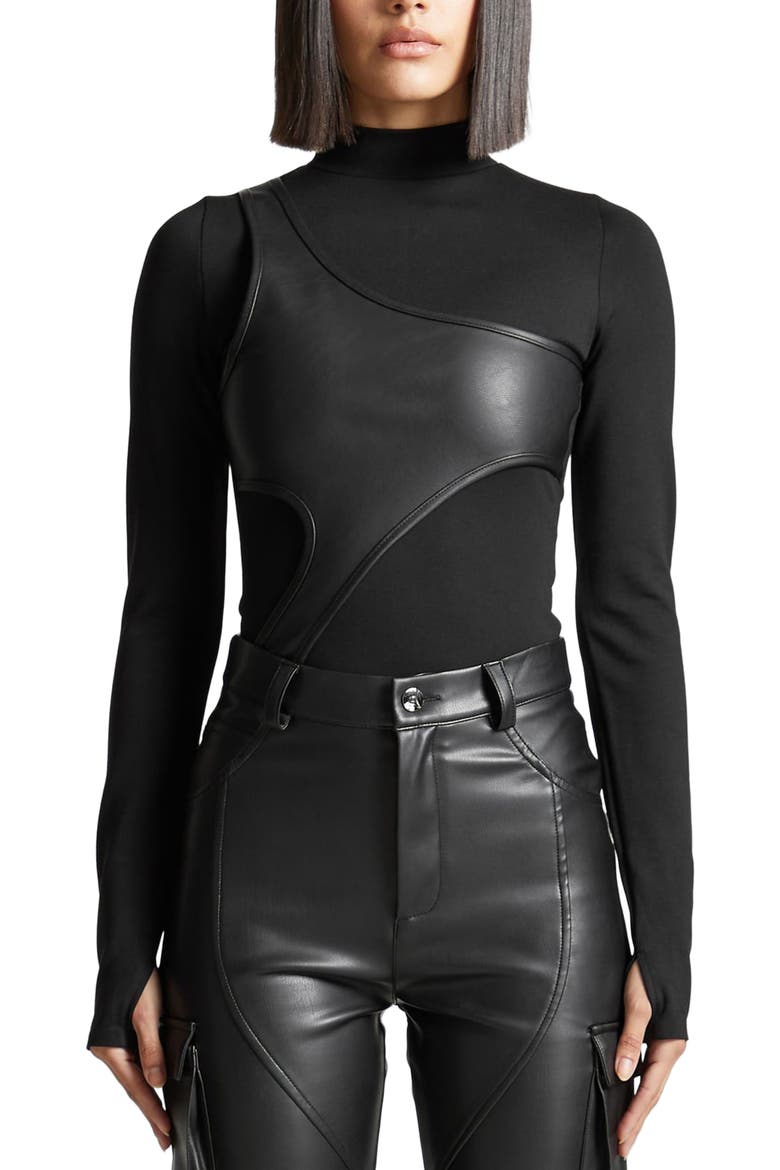 Leather Overlay High Neck Bodysuit, Alternate, color, Black