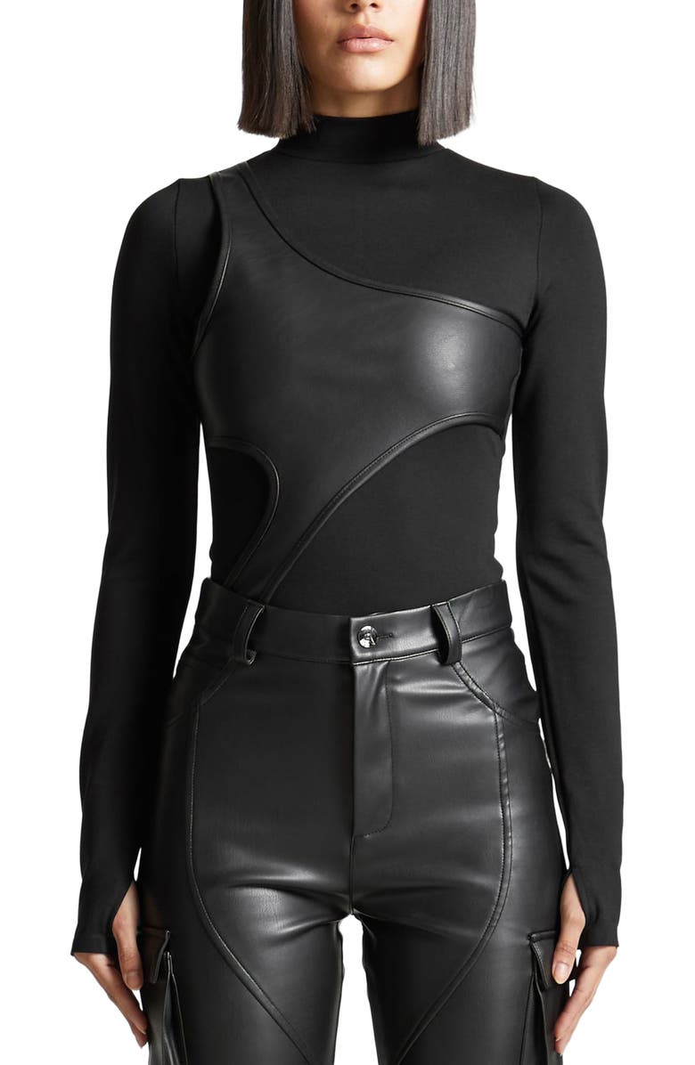 Manière De Voir Leather Overlay High Neck Bodysuit, Alternate, color, Black