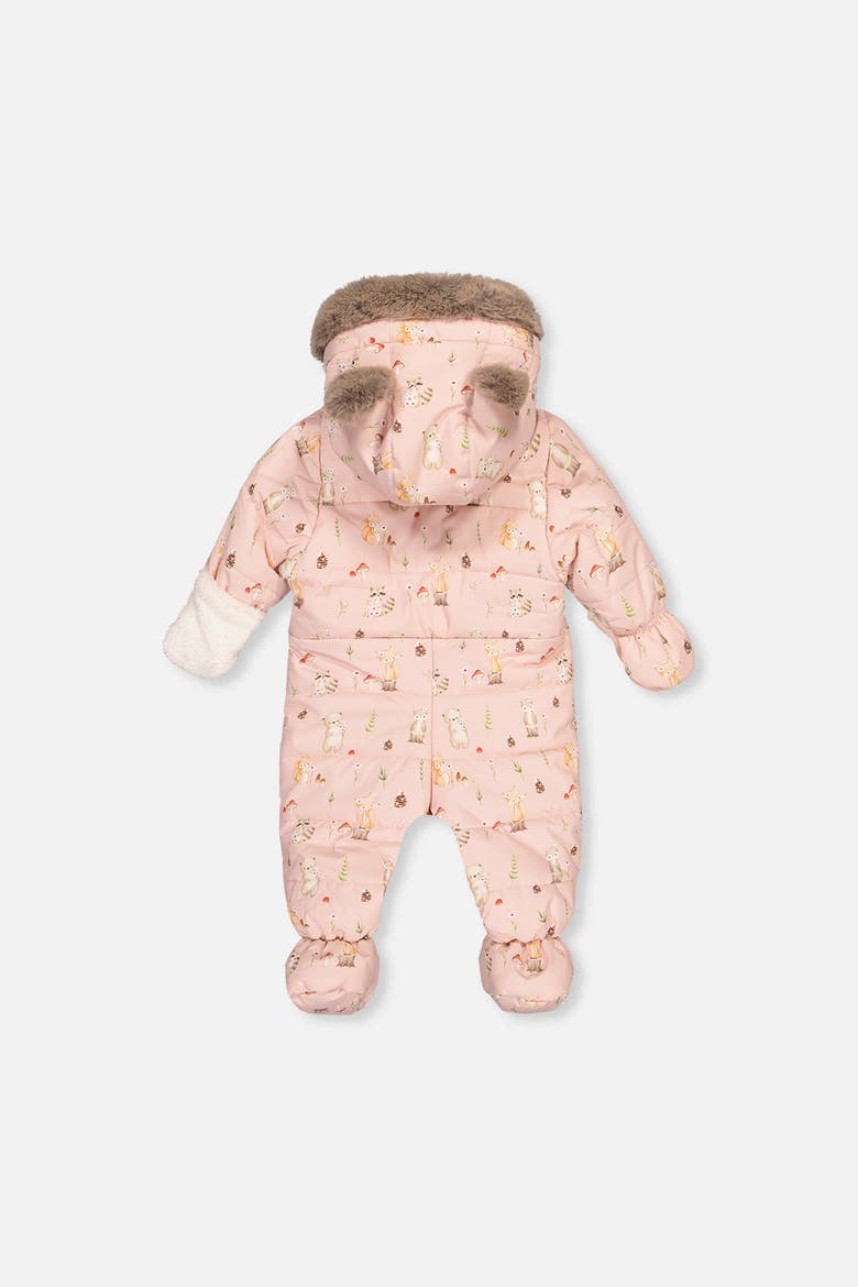 Woodland Creatures One Piece Romper & Neckwarmer Snowsuit, Alternate, color, Pink Animal Print