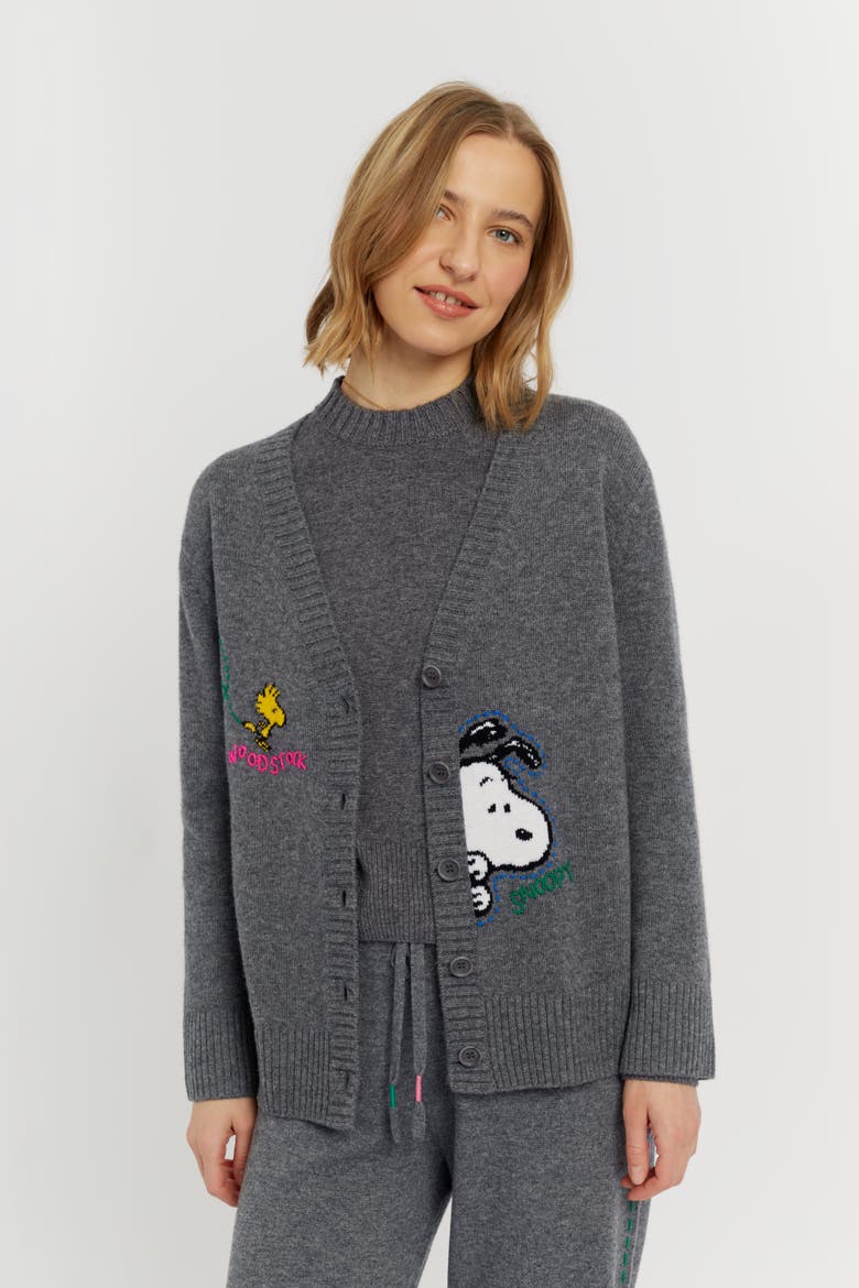 Wool-Cashmere Snoopy Embroidered Cardigan, Alternate, color, Grey