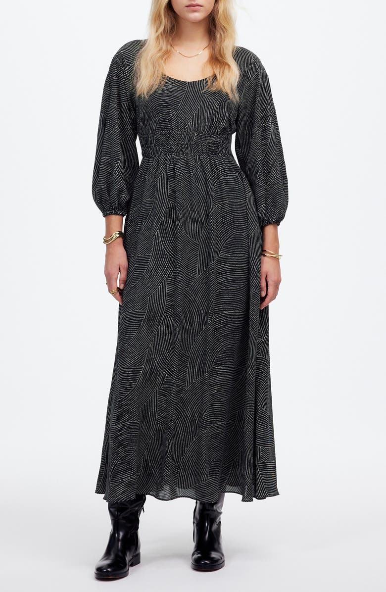 Madewell Geo Dot Print Balloon Sleeve Georgette Midi Dress, Main, color, Pindot Arches True Black