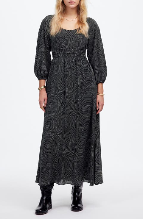 Geo Dot Print Balloon Sleeve Georgette Midi Dress