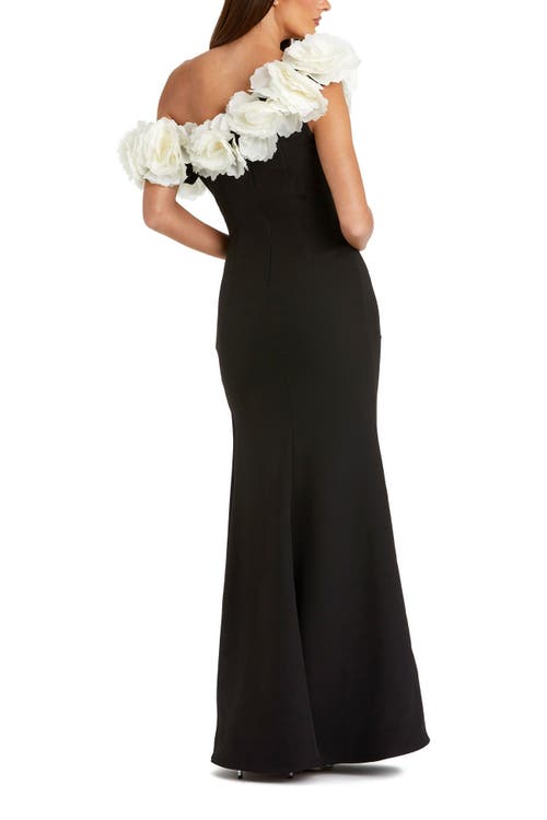Mac Duggal Jersey Gown With 3d Flower Off The Shoulder Detail In Black Cream