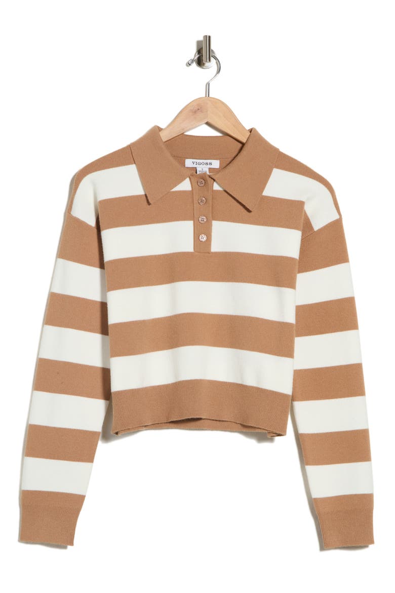 Striped Polo Sweater, Alternate, color, CAMEL/ CRME