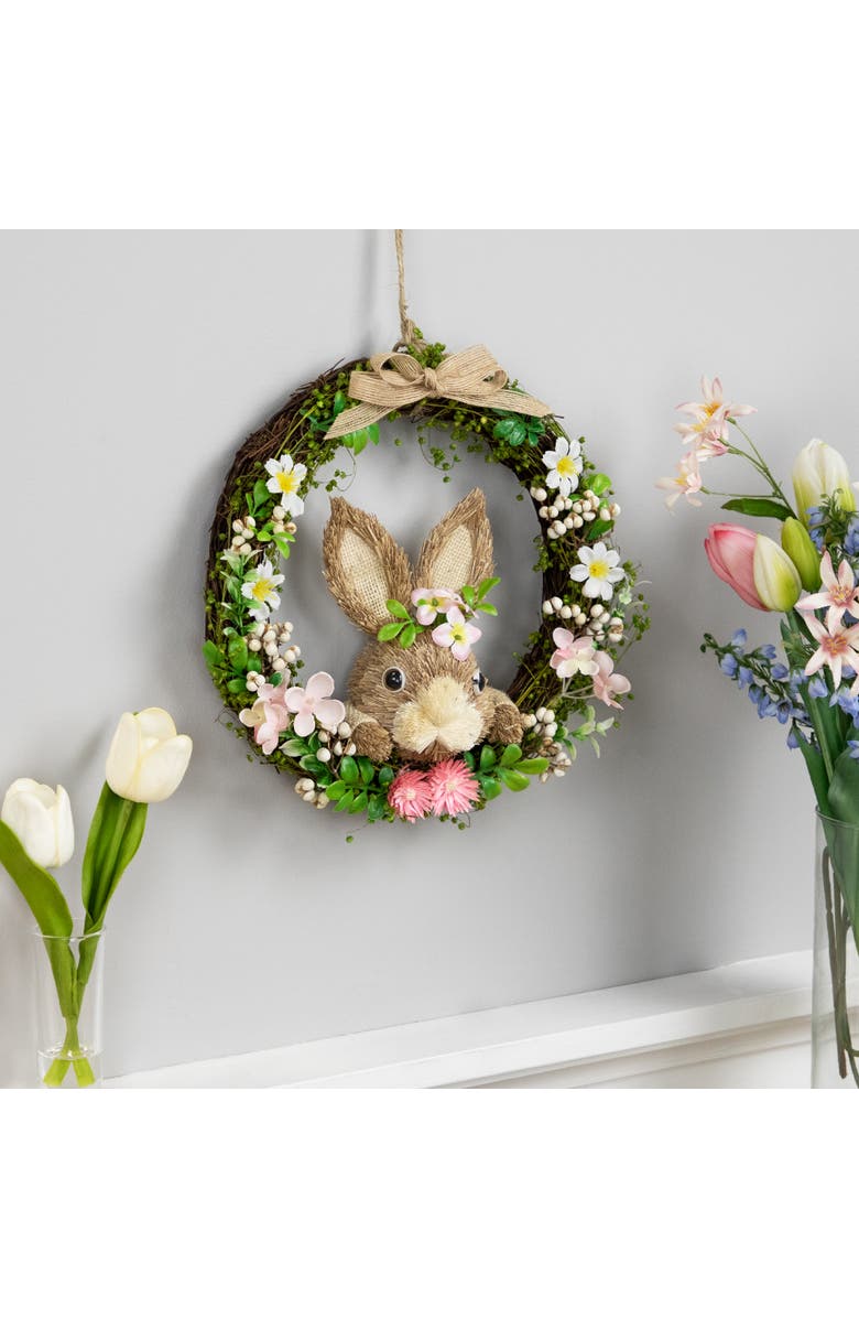 Northlight Floral Grapevine Small Artificial Wreath with Sisal Rabbit - 11" - Green and Pink, Alternate, color, Brown