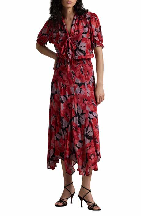 Polo Ralph Lauren Irene Floral Tie Neck Handkerchief Hem Georgette Maxi Dress