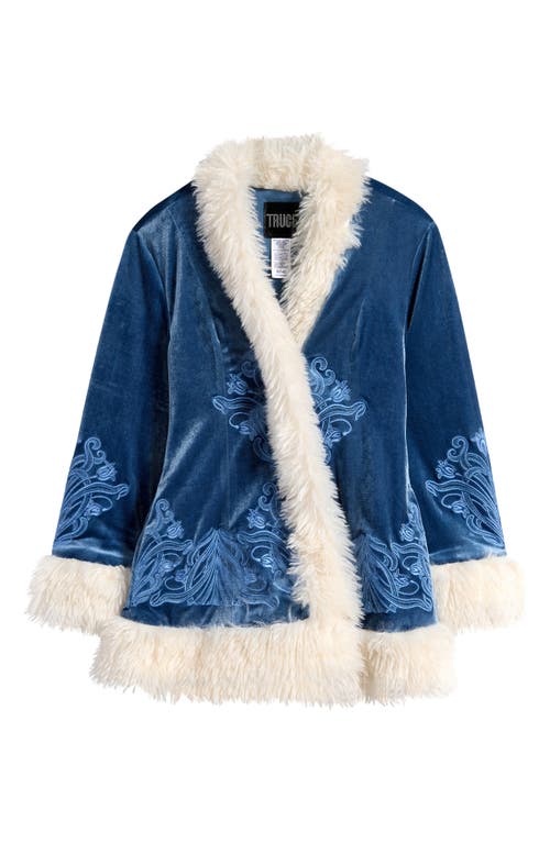 Shop Truce Kids' Faux Fur Trim Embroidered Velvet Jacket In Teal
